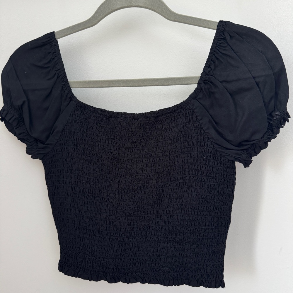 American Eagle - Black Smocked Puff Sleeve Top - Picture 2 of 3